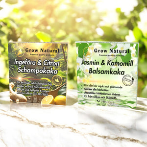 Grow Natural™ – Ingefära & Citron schampokaka fotograferad utomhus med växter