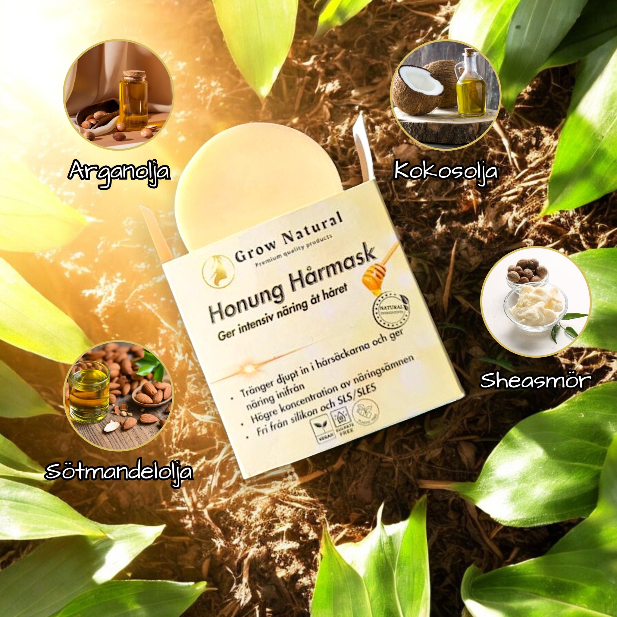 Grow Natural – Honung Hårmask – närbild i naturmiljö