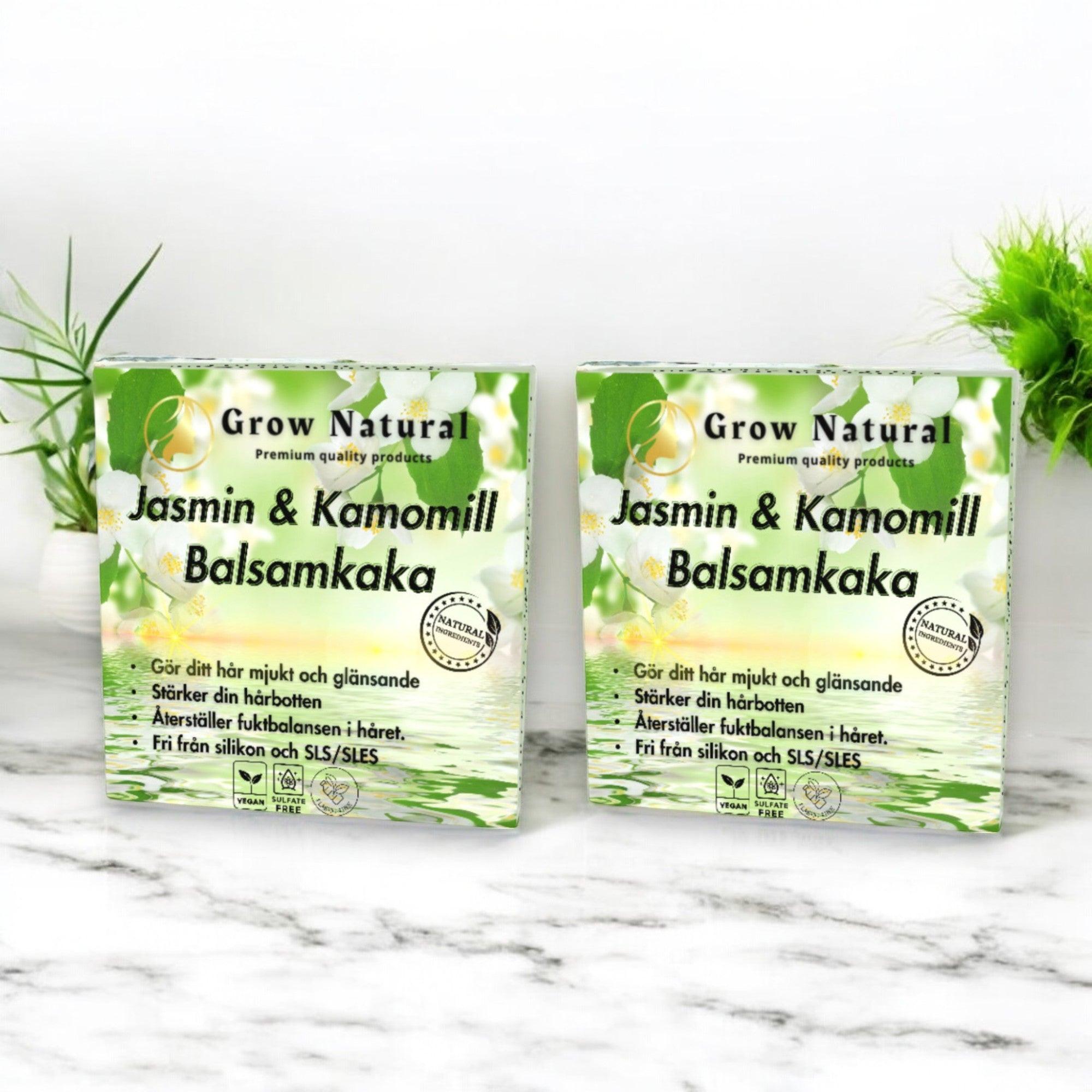 Grow Natural™ – Jasmin & Kamomill Balsam – produktbild med vit bakgrund och jasminblommor