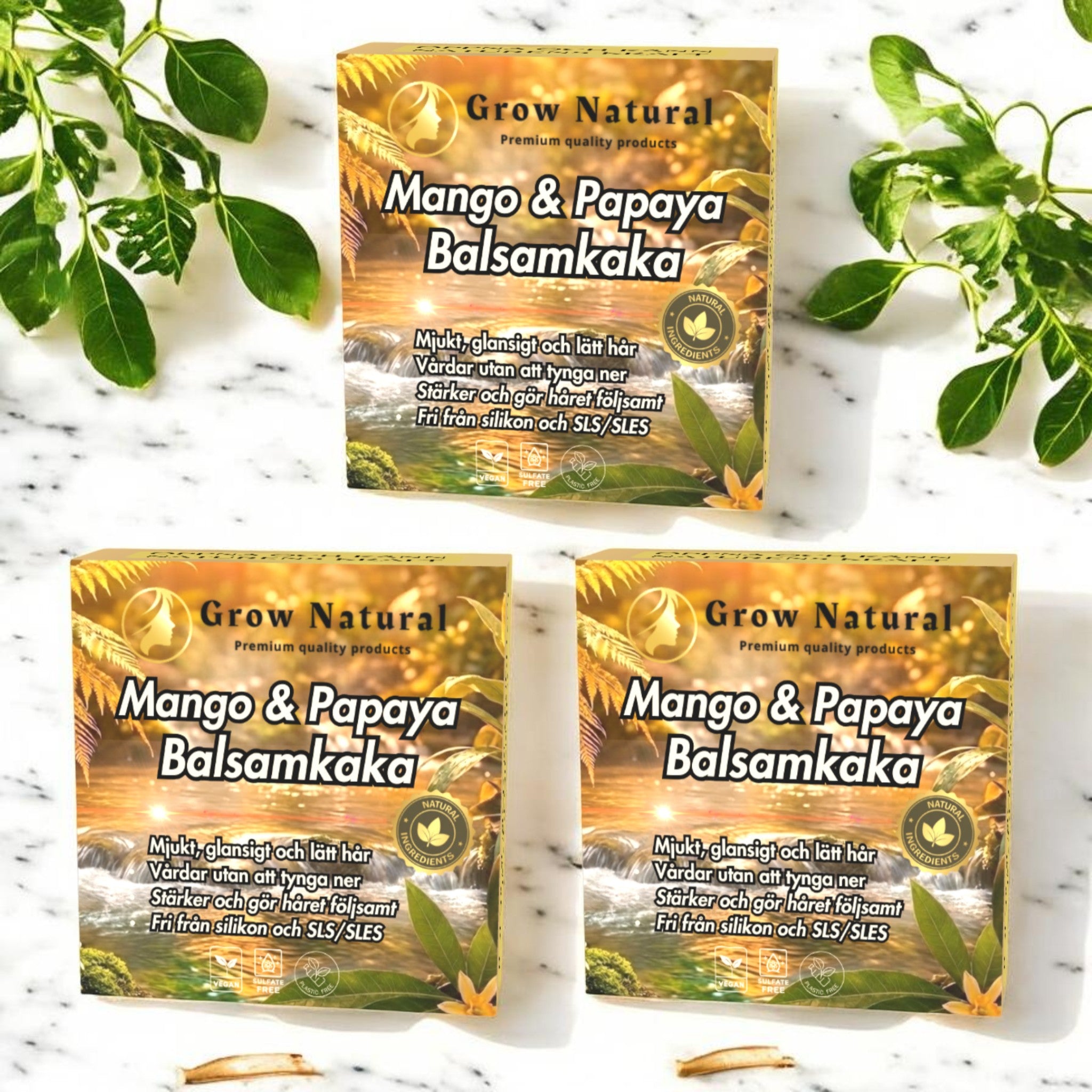 Grow Natural Mango & Papaya Balsamkaka 3-pack – näringsrikt balsam utan SLS/SLES