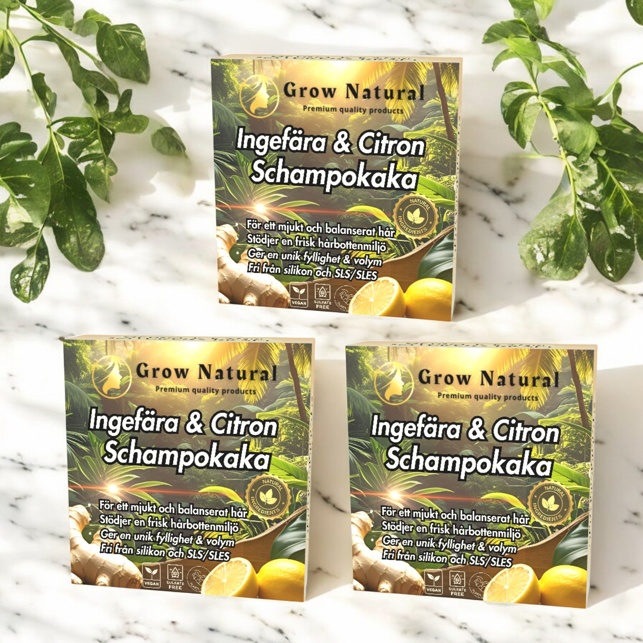 Grow Natural™ – Ingefära & Citron schampokaka med stora gröna blad i bakgrunden