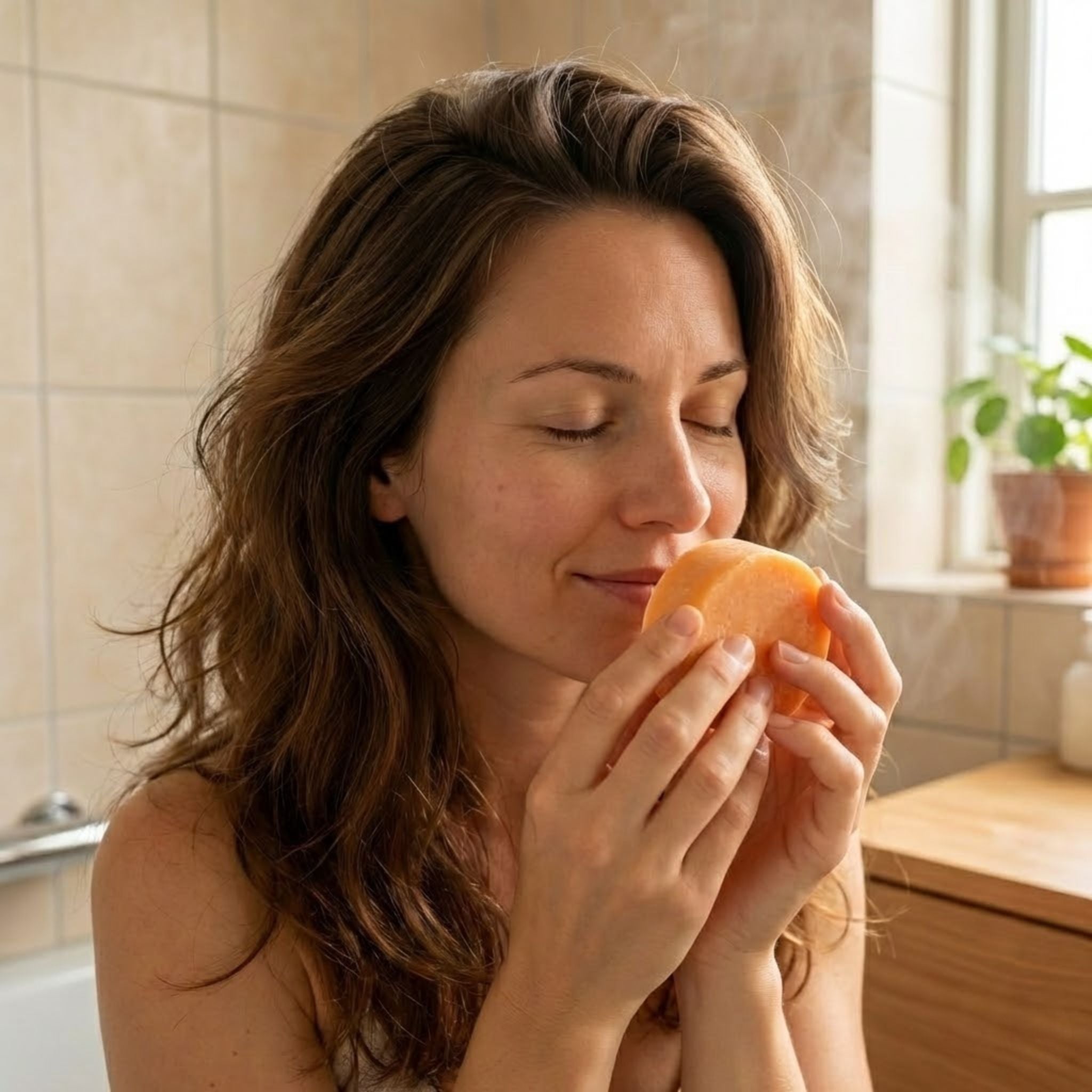 Kvinna som doftar på mango i badrum – inspirerad av Mango & Papaya balsam