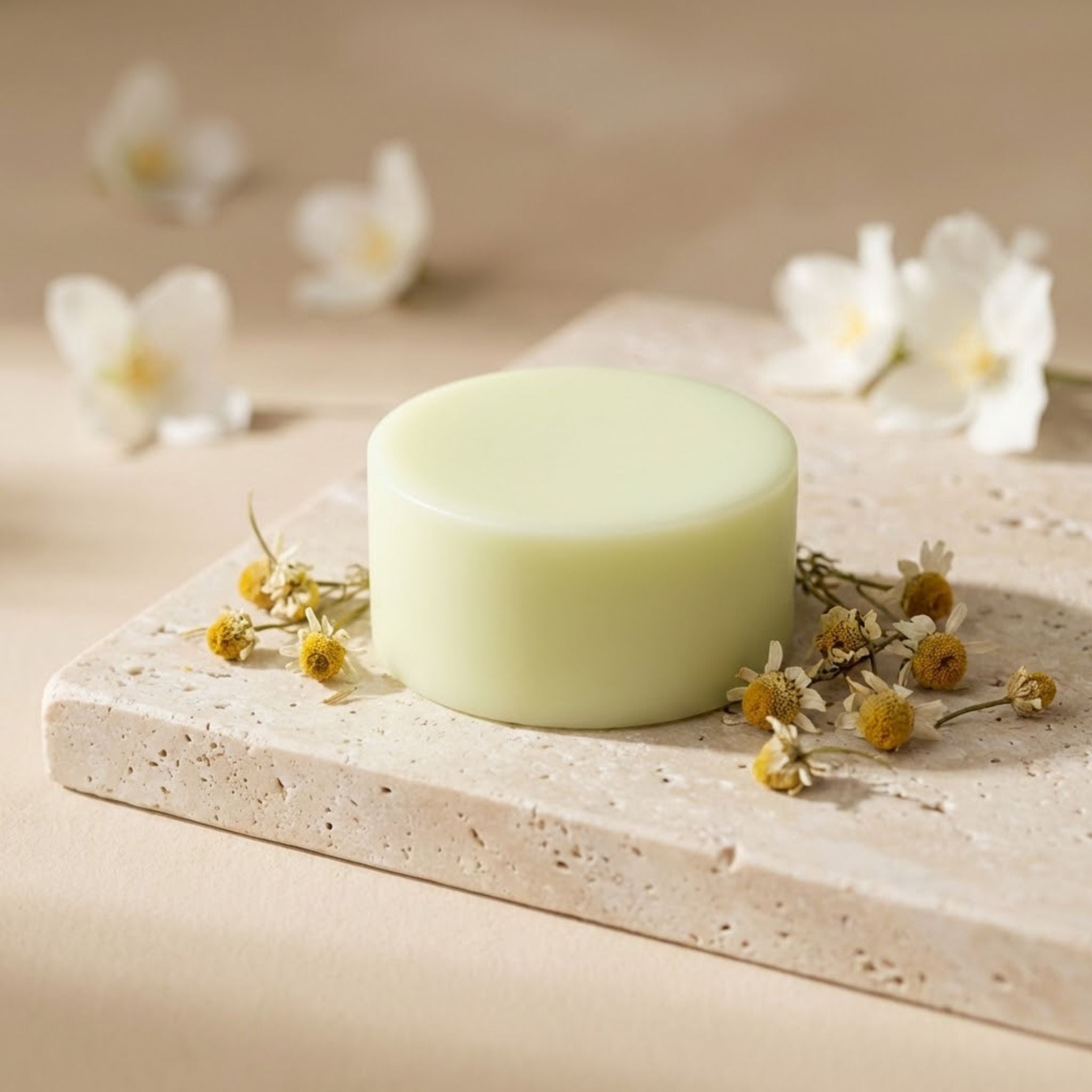 Grow Natural Jasmin & Kamomill balsamkaka med kamomillblommor på stenplatta