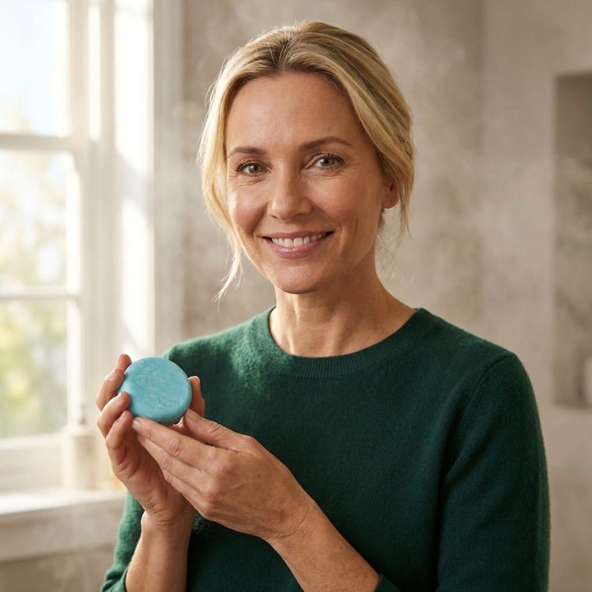 Kvinna som håller i Grow Natural Eukalyptus & Teträd Schampokaka