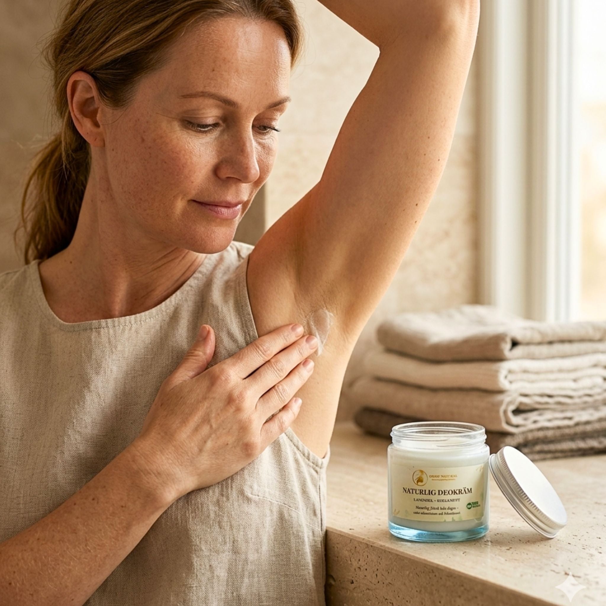 Kvinna applicerar naturlig deokräm lavendel bergamott från Grow Natural under armen