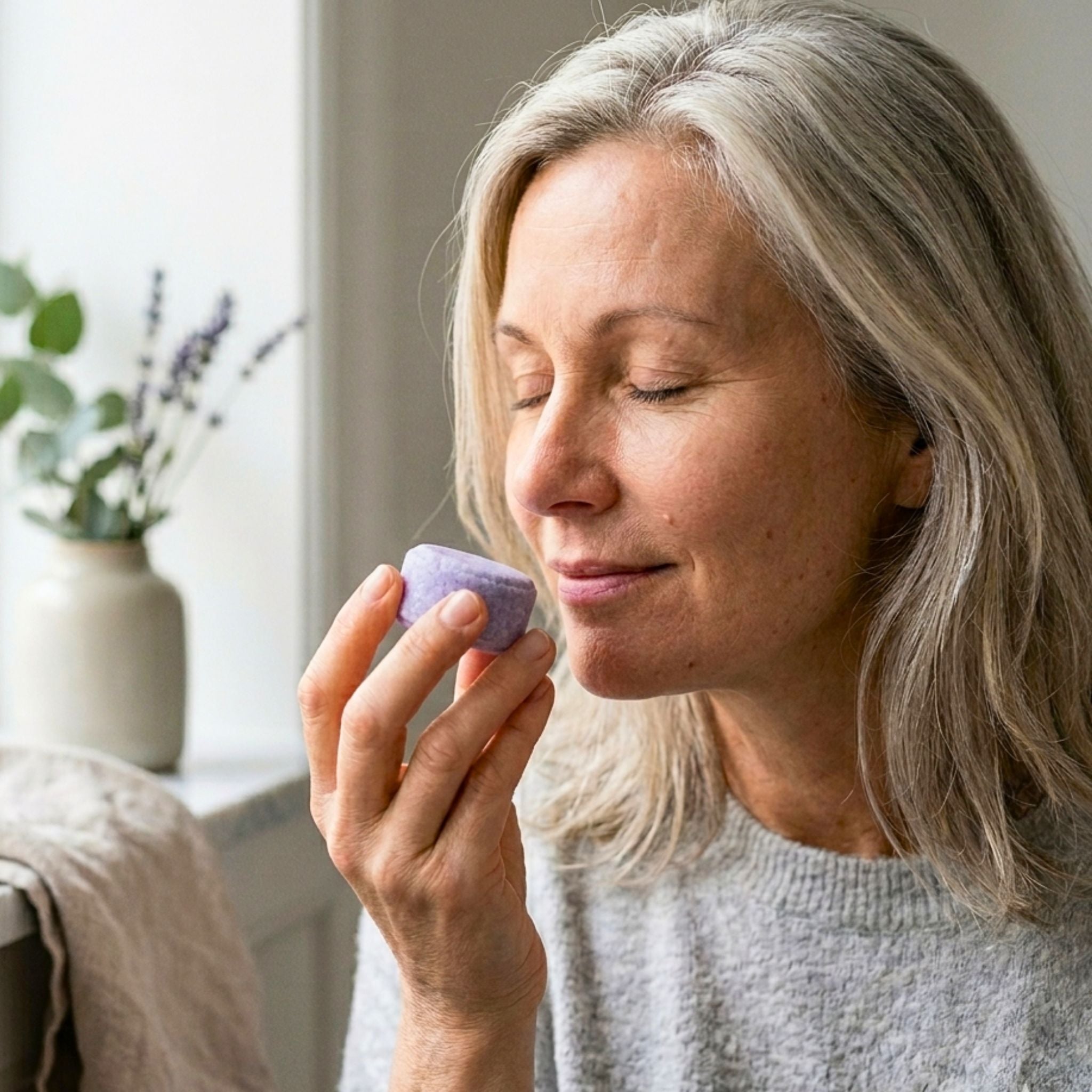 Kvinna med gråblont hår doftar på lavendel silverschampo minikaka från Grow Natural i naturligt ljus