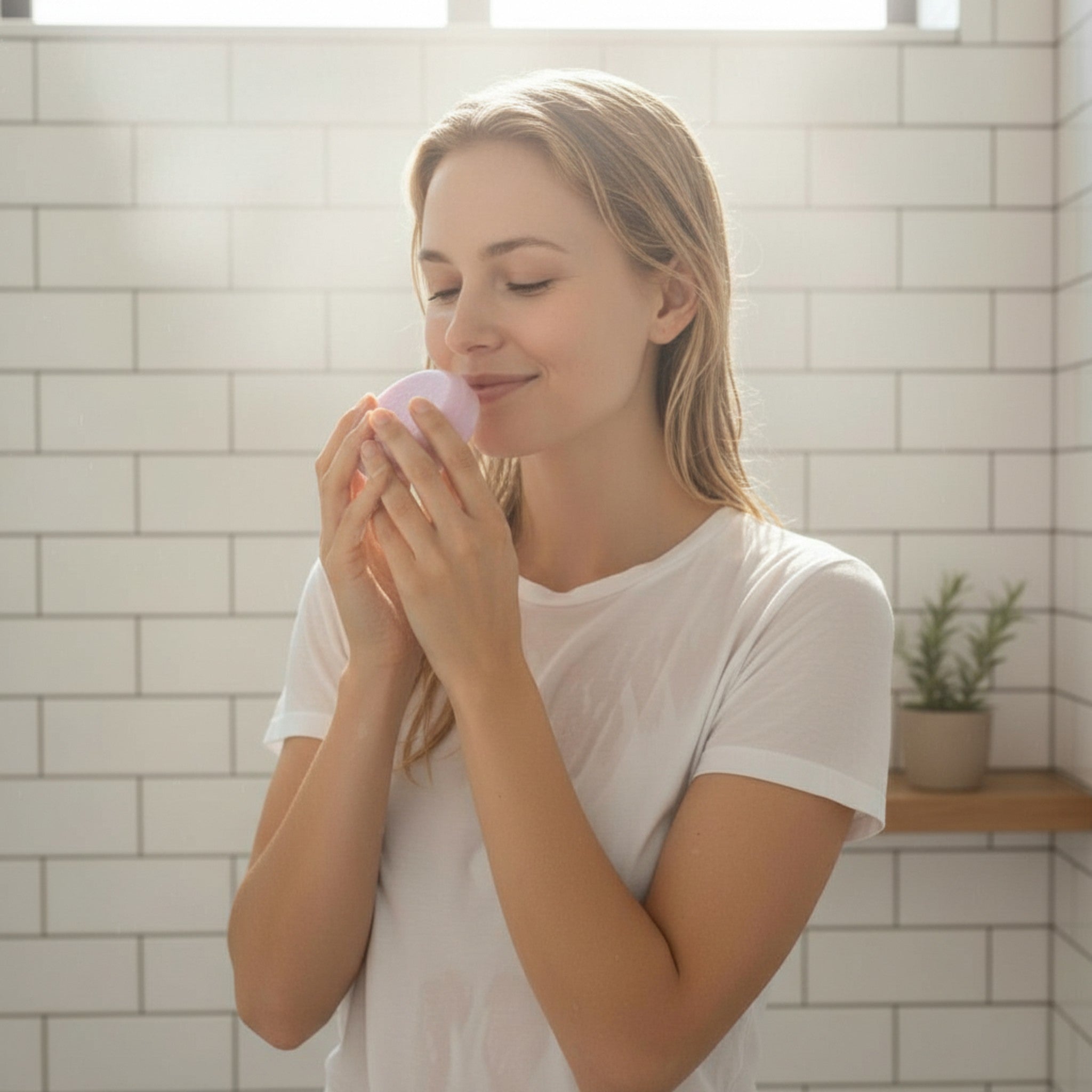 Kvinna i ljus duschmiljö som doftar på en rosa schampokaka med rosmarin och koffein, naturligt ljus, wet look och premium spa-känsla.